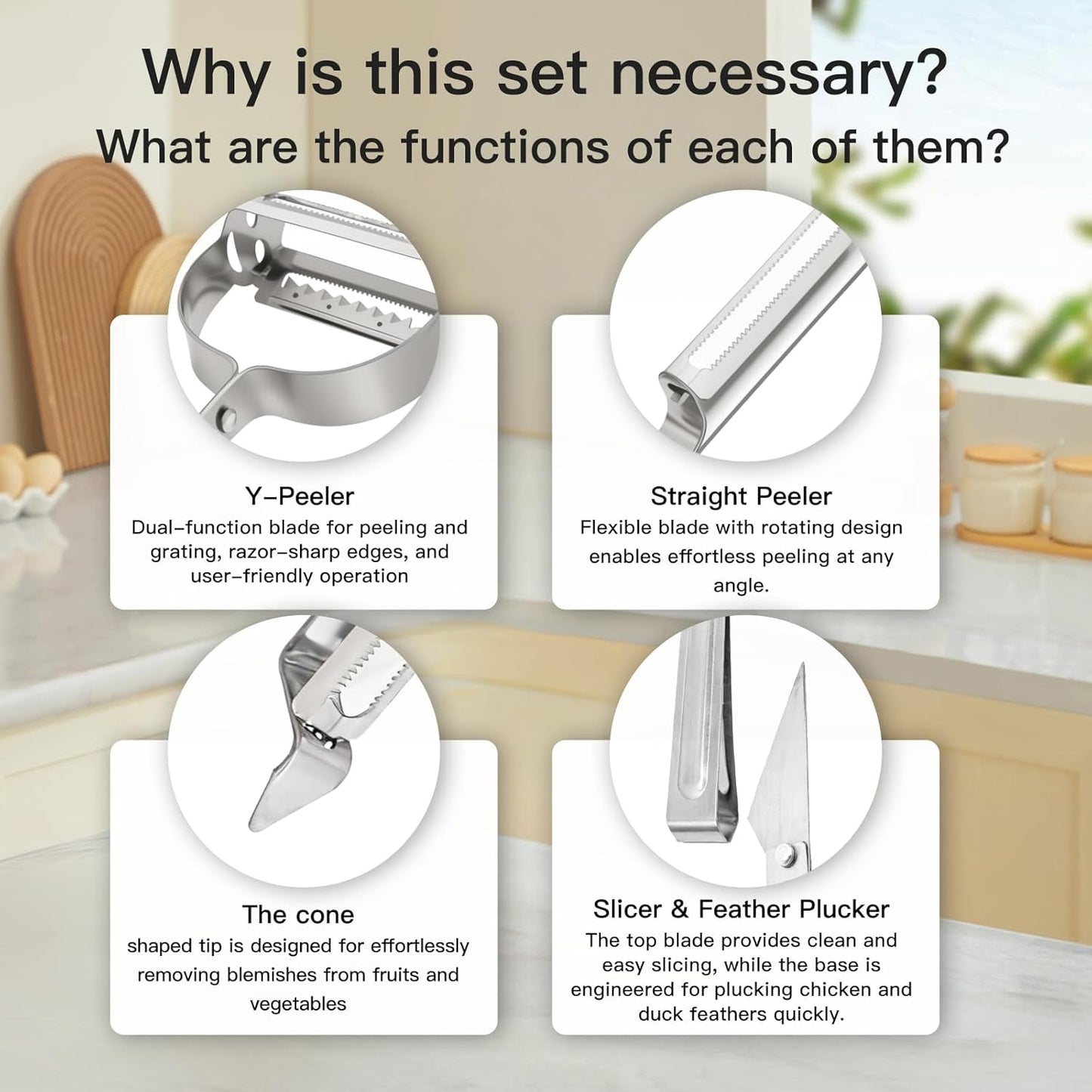 3-in-1 Vegetable Peeler - Ultra Sharp Slicer, Grater & Peeler with Ergonomic Design Grip for Effortless Peeling, Slicing and Grating for Fruit, Potatoes, Carrots, Apples
