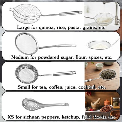 4 Pieces Spider Strainer Skimmer Spoon Set, Fine Mesh Strainer and Fat Skimmer Spoon Set, Stainless Steel Metal With HoleSieve Food Strainers with Hanging Holes, for Cooking, Fat, Grease, Floating Foa