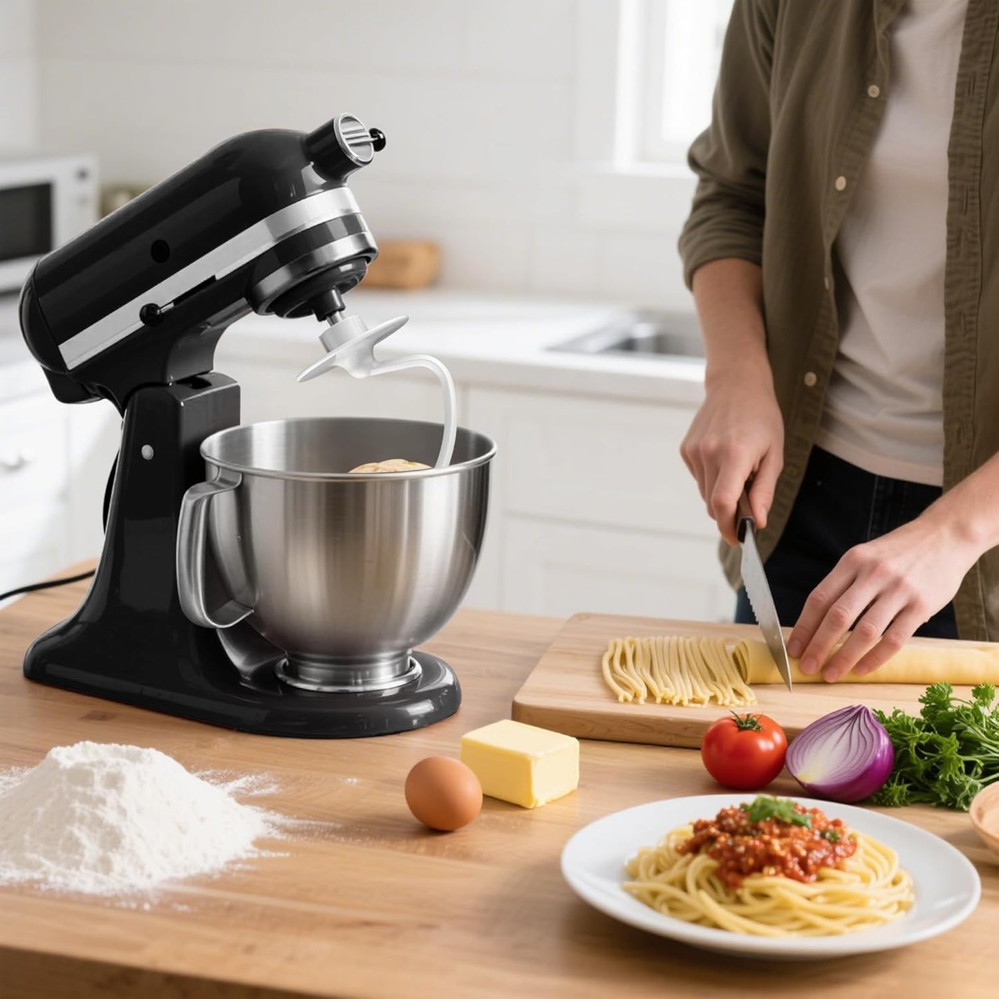 3 Pack Mixer Attachments Set for KitchenAid 4.5-5 Quart Tilt-Head Stand Mixers, Replacement Parts Kit with K45DH Dough Hook, K45B Coated Flat Beater, Stainless Steel K45WW Wire Whip, Dishwasher Safe