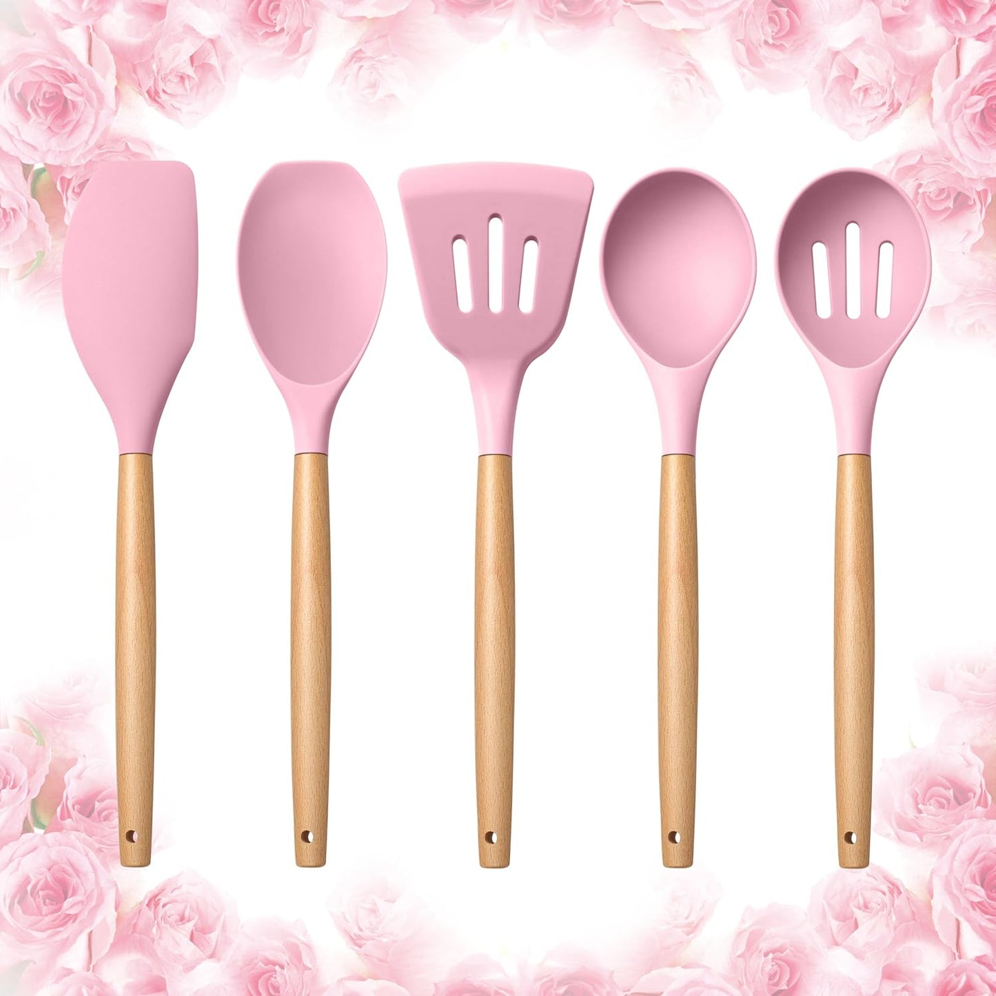 E-far Silicone Cooking Utensils Set, 10-Piece Heat Resistant Kitchen Utensils Set with Wooden Handle for Nonstick Cookware, Kitchen Nonstick Tools Spatula Whisk Tongs Ladle, Non-toxic & Healthy(Khaki)