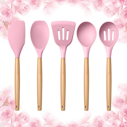 E-far Silicone Cooking Utensils Set, 10-Piece Heat Resistant Kitchen Utensils Set with Wooden Handle for Nonstick Cookware, Kitchen Nonstick Tools Spatula Whisk Tongs Ladle, Non-toxic & Healthy(Khaki)
