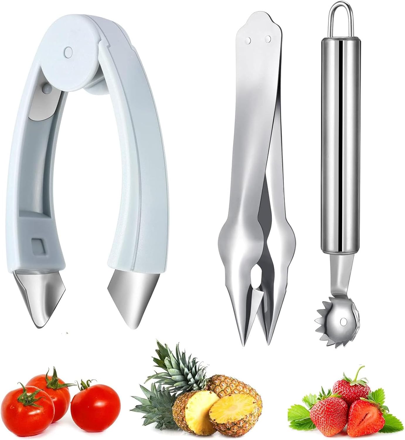 Strawberry Hullers Remover Multifunctional Pineapple Stem Corer Tool Tomato Pineapple Eye Corer Eye Peeler Kitchen Gadget Tool (Gray)