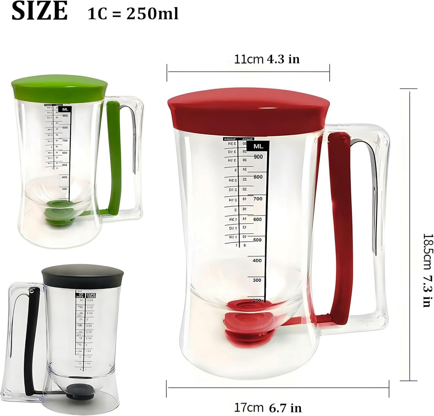 Pancake Batter Dispenser with Measuring Label, 4 Cup Capacity, 900ml With Squeeze Handle Kitchen Dispenser Bottle for Pancakes, Waffles, Muffins, Green