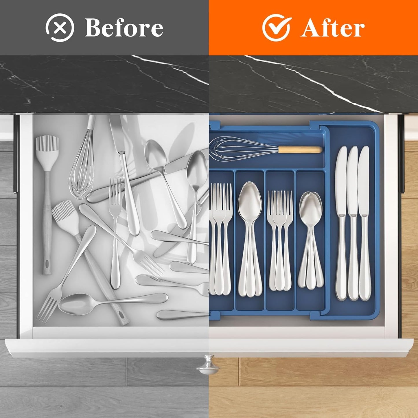 Lifewit Silverware Drawer Organizer, Expandable Utensil Tray for Kitchen, BPA Free Flatware and Cutlery Holder, Adjustable Plastic Storage for Spoons Forks Knives, 11-18 x 14", Black