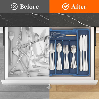 Lifewit Silverware Drawer Organizer, Expandable Utensil Tray for Kitchen, BPA Free Flatware and Cutlery Holder, Adjustable Plastic Storage for Spoons Forks Knives, 11-18 x 14", Black