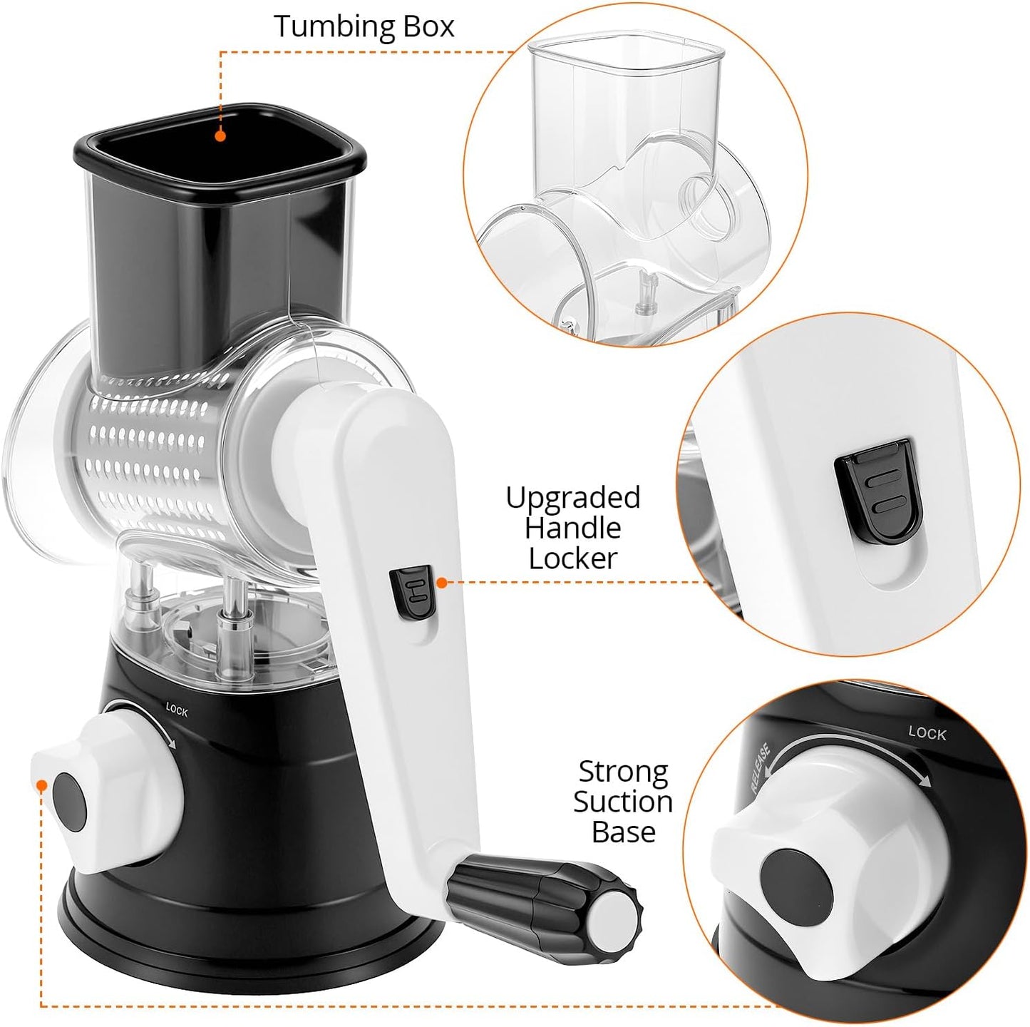 QWORK Cheese Grater Hand Crank, Rotary Vegetable Shredder, 3 in 1 Kitchen Speed Spin Veggie Slicer & Nut Grinder, Black