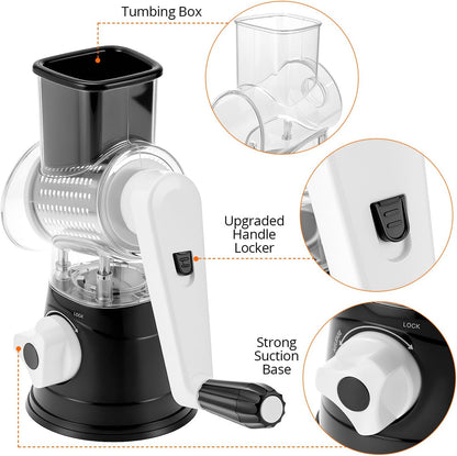 QWORK Cheese Grater Hand Crank, Rotary Vegetable Shredder, 3 in 1 Kitchen Speed Spin Veggie Slicer & Nut Grinder, Black