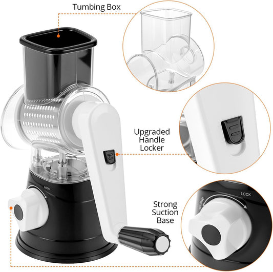 QWORK Cheese Grater Hand Crank, Rotary Vegetable Shredder, 3 in 1 Kitchen Speed Spin Veggie Slicer & Nut Grinder, Black