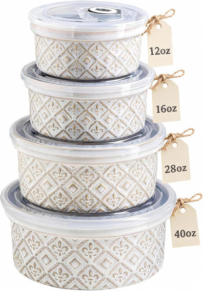 40 Oz Ramekins Ceramic Airtight Bowls Set of 4 - Large Mixing Bowls with Lids Set for Salad, Pho, Soup, Pasta, Dessert, Serving, Oatmeal, Baking Dishes, Dishwasher & Microwave Safe, Beige