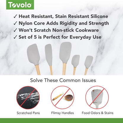 Tovolo Silicone Spatula with Wooden Handle Set of 5 Piece Silicone Kitchen Utensil Set Spoonula Jar Scraper Mini Spatula and Spoonula for Cooking Baking Mixing Folding Deep Indigo