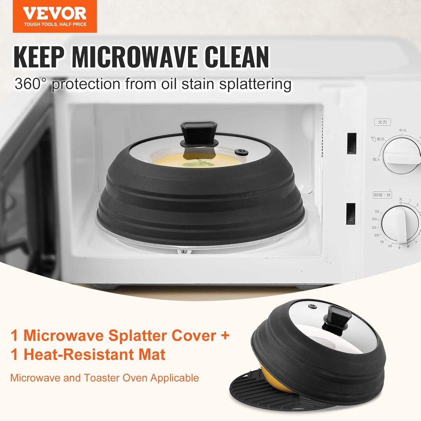 VEVOR Microwave Splatter Covers, 2 Pack 10.4" Collapsible Microwave Lid for Food, 300°F Heat-Resistant PP Splatter Guard for Plate Dish, Multi-Use Kitchen Colander Gadget for Washing Fruits Vegetables
