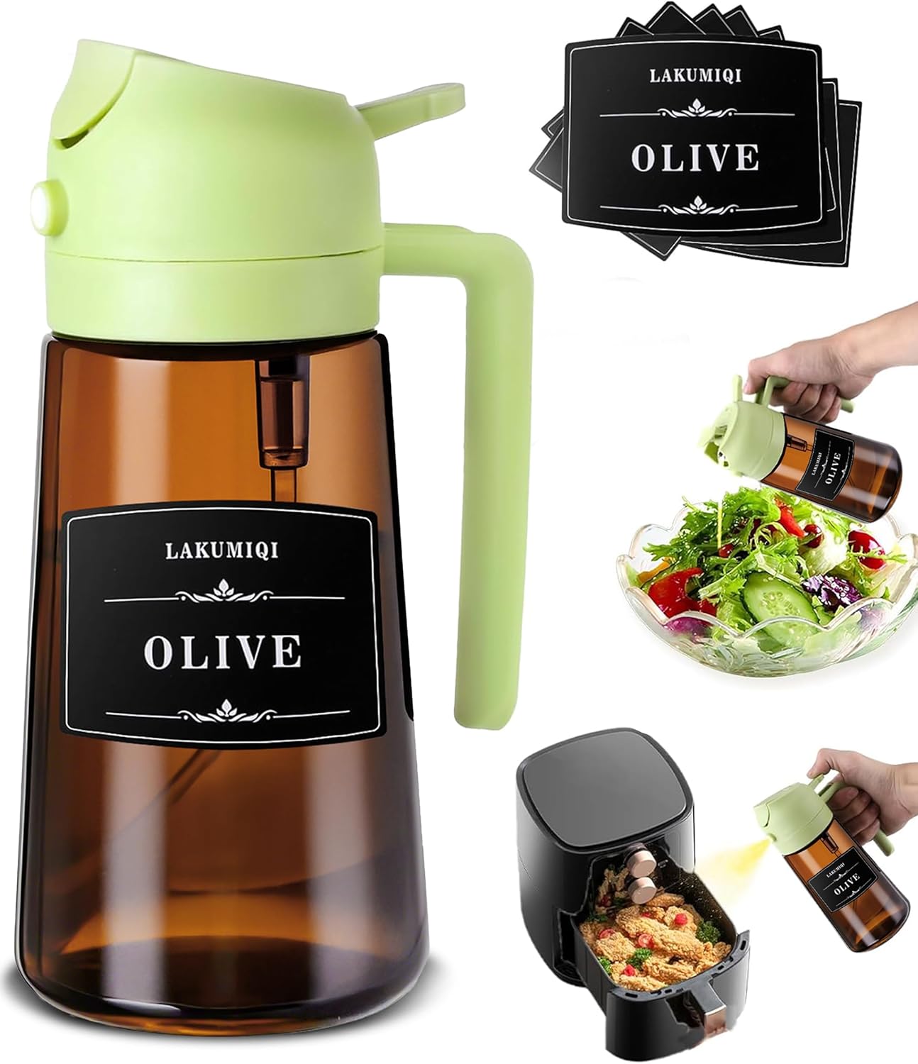 LAKUMIQI 2-in-1 Olive Oil Sprayer for Air Fryer – 16oz Glass Oil Dispenser & Cooking Oil Mister – Spray & Pour Bottle, Non-Aerosol, Leak-Resistant, for Salad, BBQ, Kitchen
