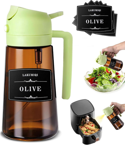 LAKUMIQI 2 in 1 Oil Sprayer for Cooking, 16oz Olive Oil Dispenser Bottle for Kitchen, Food Grade Light-Blocking Leak Proof Glass Spray Bottle for Salad, Air Fryer, BBQ
