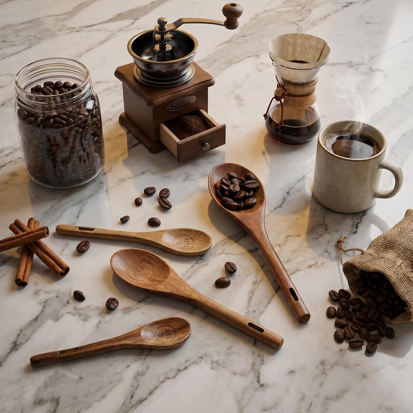 4Pcs Measuring Spoons and Scoops Set, Retro Measuring Scoops Includes 1/4 tsp, 1/2 tsp, 1 tsp & 1 tbsp, Wooden Measuring Spoons for Dry Ingredients Coffee Powder