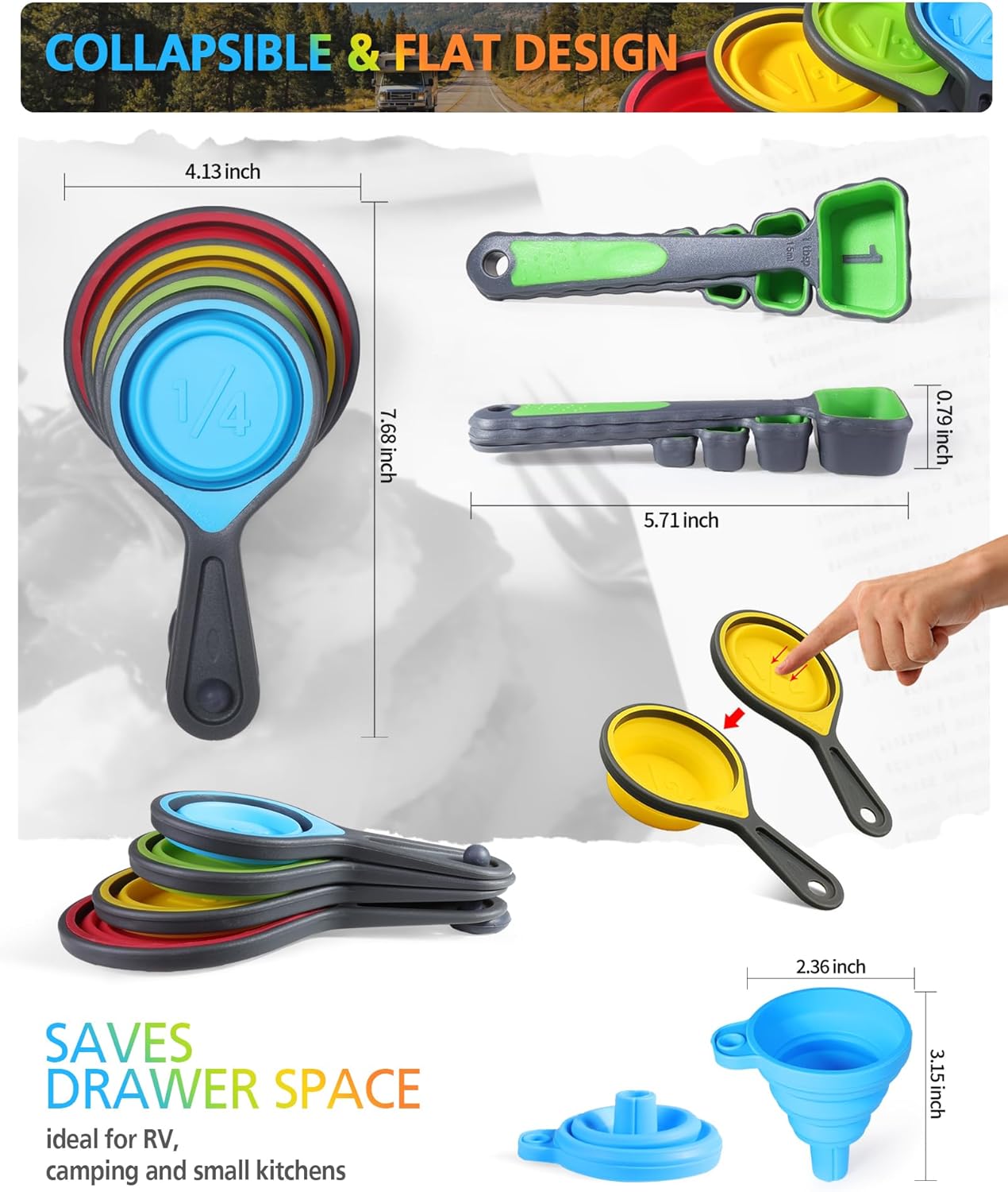 Measuring Cup and Spoon Set, Collapsible Measuring Cup, 8 Piece Measuring Tools and 1 Funnel, Engraved Metric/US Markings, for Liquid and Dry Measurements, Space Saving, BPA Free Silicone, Colorful