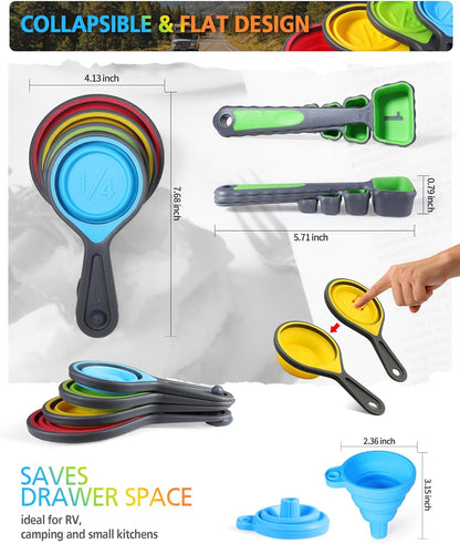 Measuring Cup and Spoon Set, Collapsible Measuring Cup, 8 Piece Measuring Tools and 1 Funnel, Engraved Metric/US Markings, for Liquid and Dry Measurements, Space Saving, BPA Free Silicone, Colorful