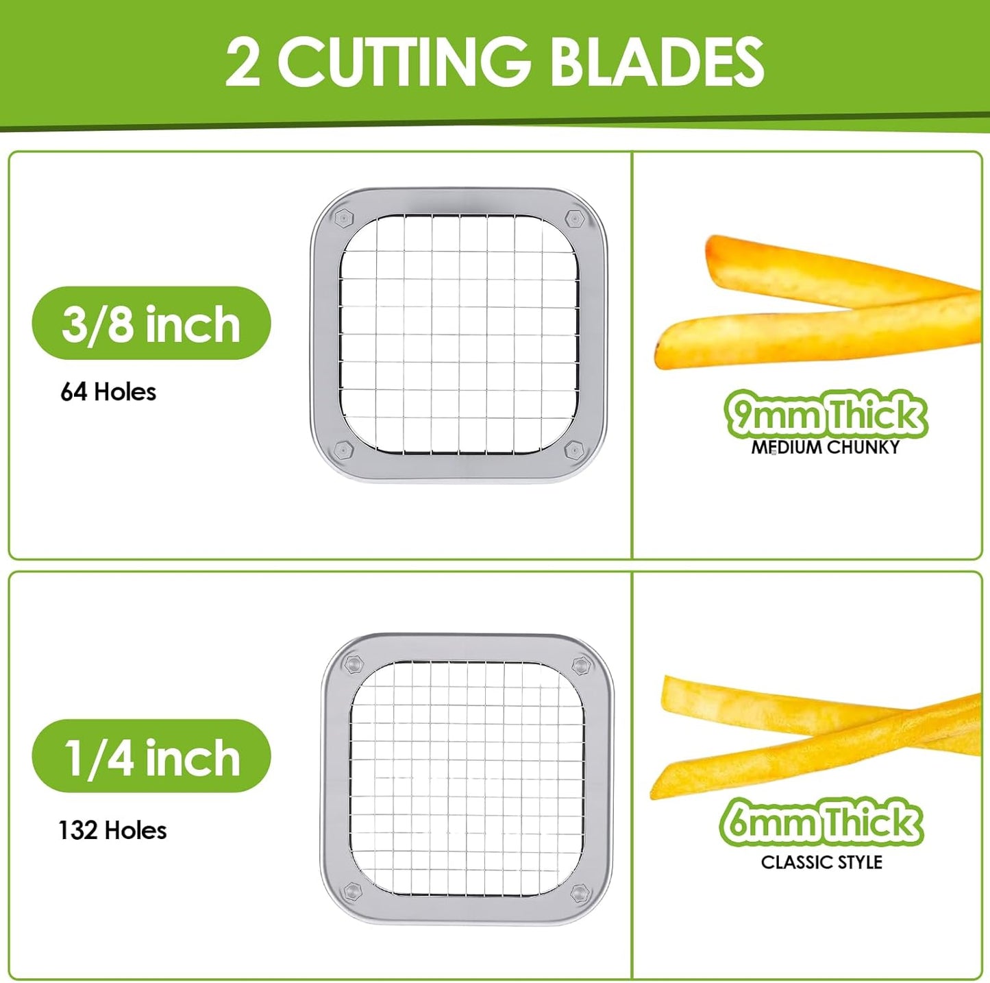 Manual French Fry Cutter for Potatoes with Interchangeable Blades, Handheld Stainless Steel Potato Slicer for Home and Commercial Use (1/2'' & 3/8'' & 1/4'')