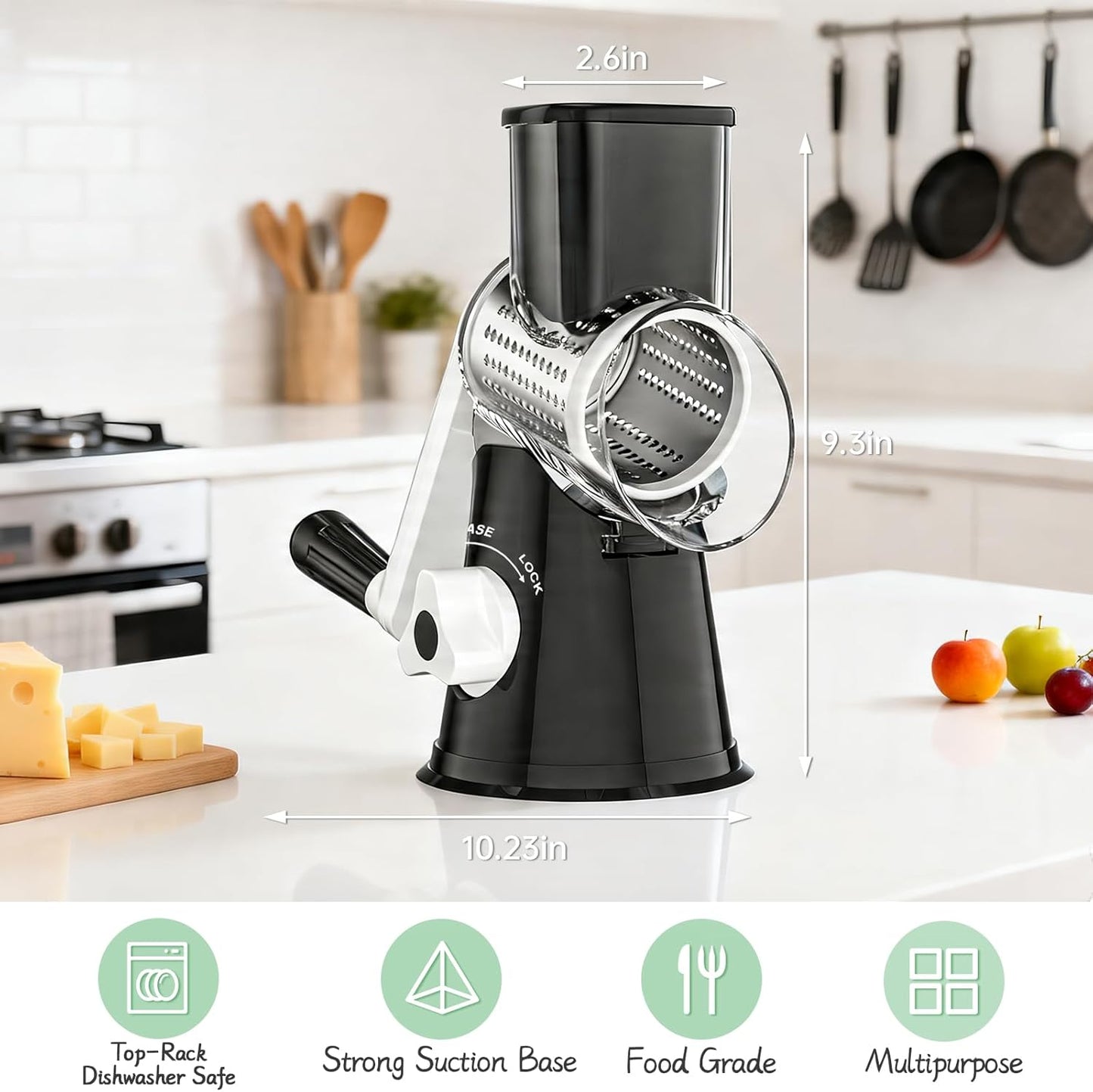 Ourokhome Rotary Cheese Grater Hand Crank, Kitchen Shredder Speed Mandolin Slicer Nut Grinder with Handle and Drum Blades for Cheese, Vegetable, Walnut, Chocolate, Potato, Carrot, 3 Blades, Dark Blue
