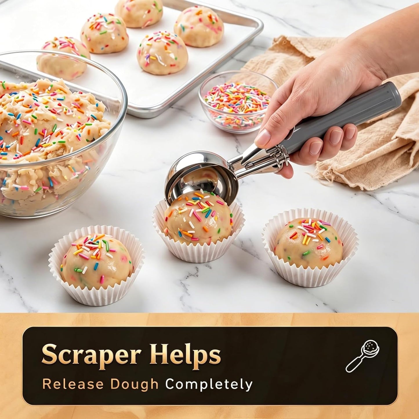 Fayomir 2 oz Scoop, Cookie Scoop for Baking, 2 oz Ice Cream Scoop with Trigger, #16 Disher, Portion Scoop, Blue Handle, Food Scoop for Ice Cream, Muffin, Cupcake Batter, Mashed Potato, Cookie Dough