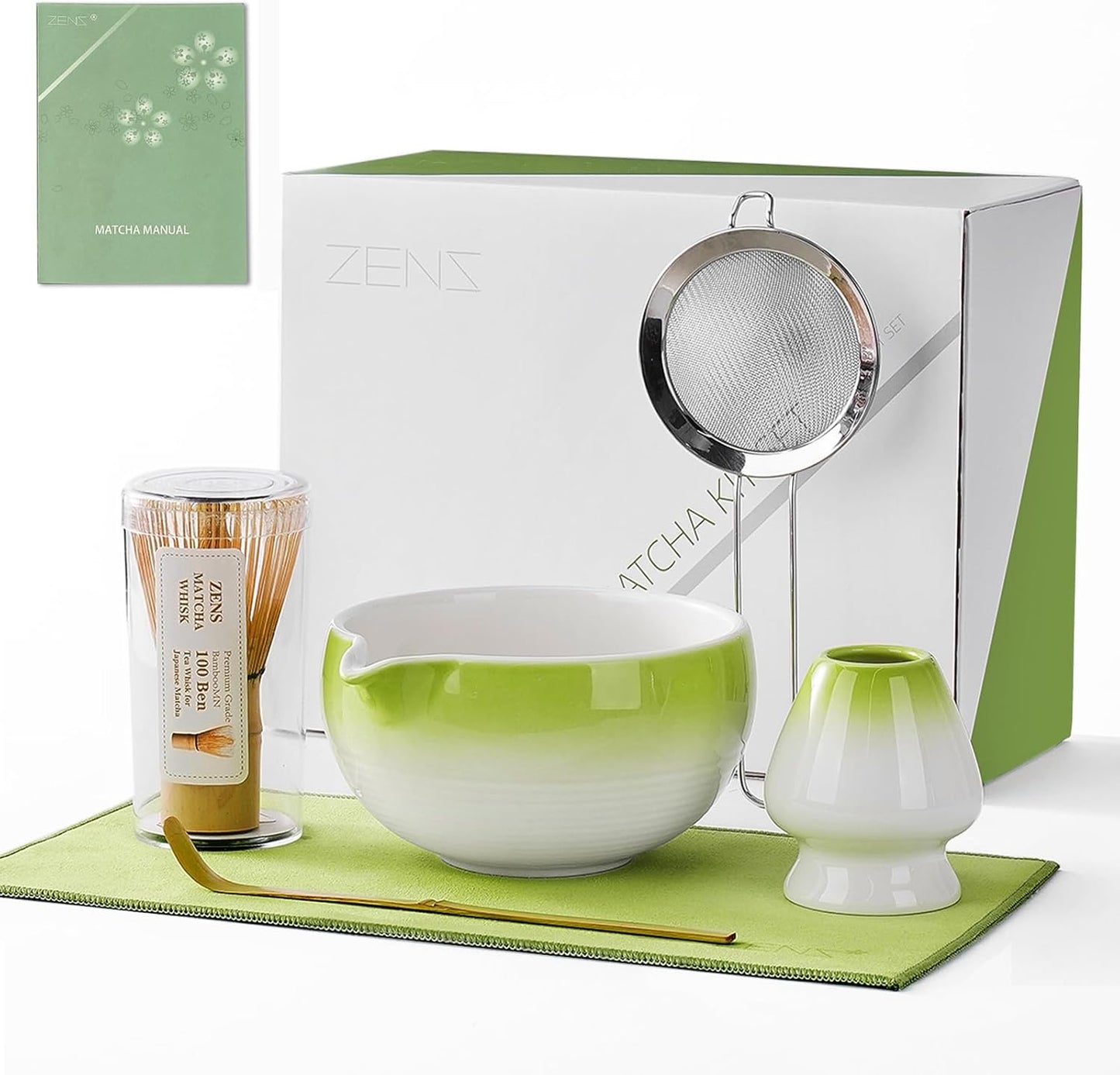 ZENS Pink Matcha Set, Matcha Whisk Set Includes 15oz Ceramic Bowl & (Chasen Holder), Bamboo Whisk & Scoop, Sifter and Pink Tea Towel, 6pcs Matcha Kit for Matcha Lovers