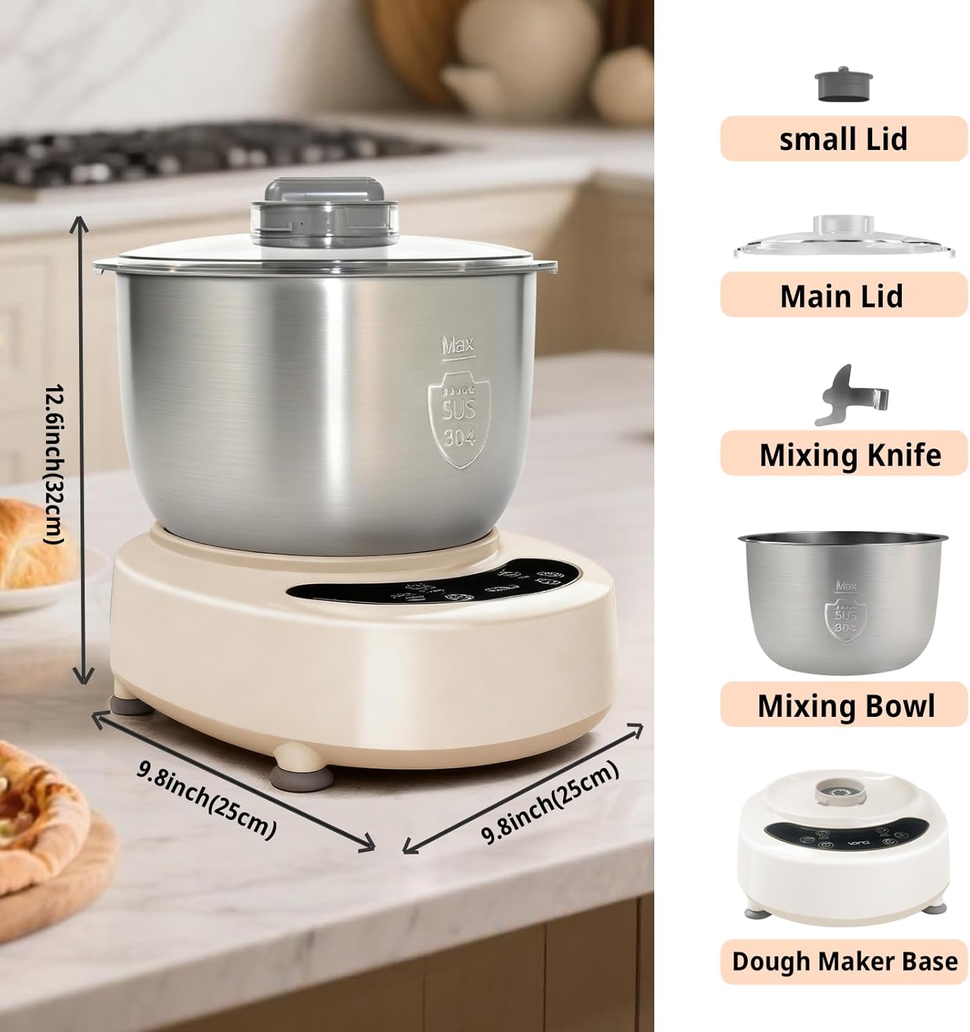 VONCI Electric Dough Maker with Ferment Function,7.3QT (7L) Stainless Steel Dough Mixer Dough Mixer Machine with Fermentation & Timer for Bread, Pizza, Dumplings, Noodles.
