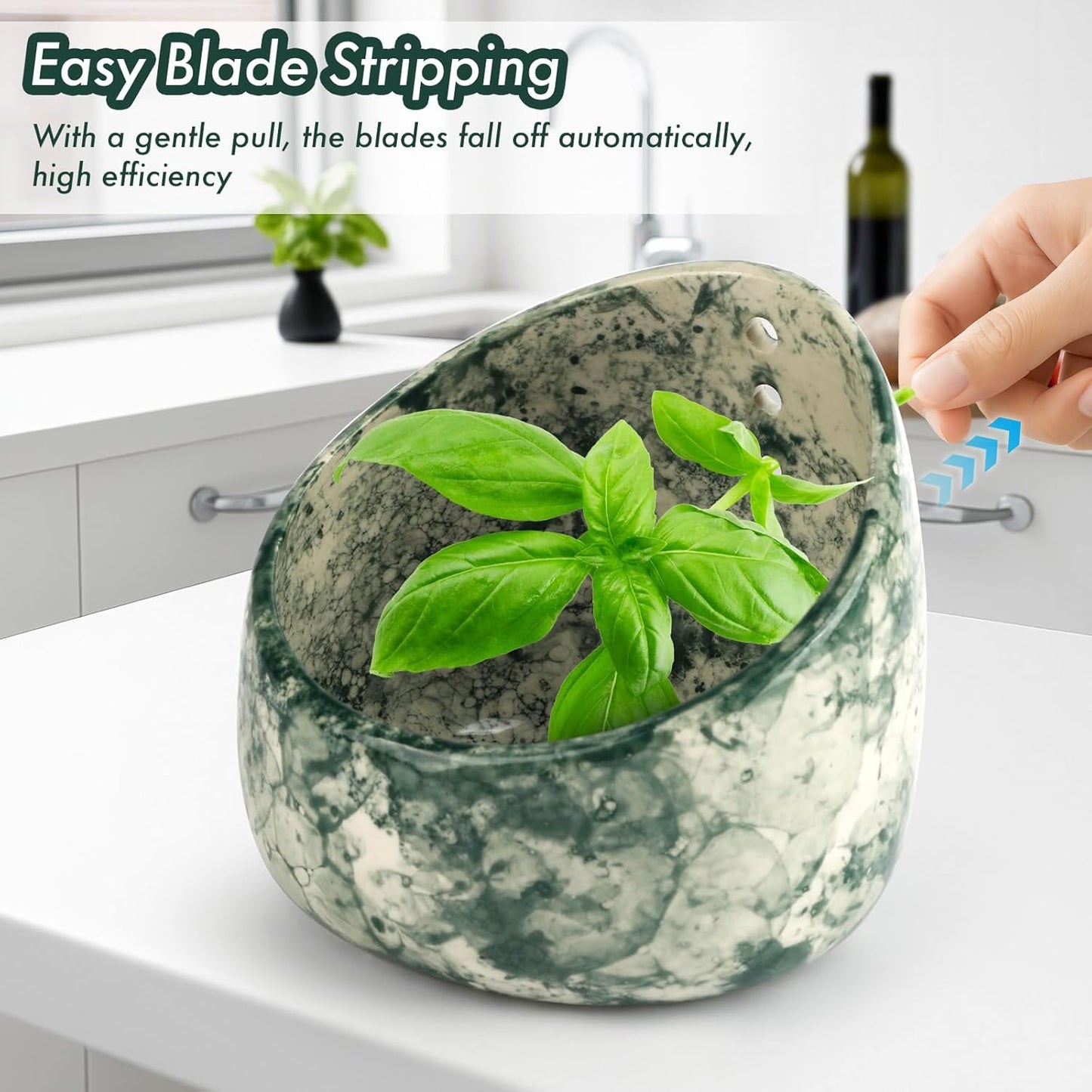 Ceramic Herb Stripper Bowl with Multi-Size Holes, Pottery Leaf Stripper Tool for Rosemary, Thyme and Kale, Green Decorative Kitchen Gadget, 5.2 Inch