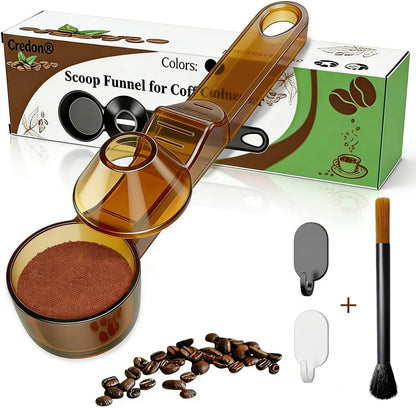 Credon Coffee Scoop with Funnel for Ground Coffee & Protein Powder – Coffee Bean Measuring Spoon, 2 Tablespoon Slide Scoop for Reusable K-Cup, Precision Spill-Proof (Black)