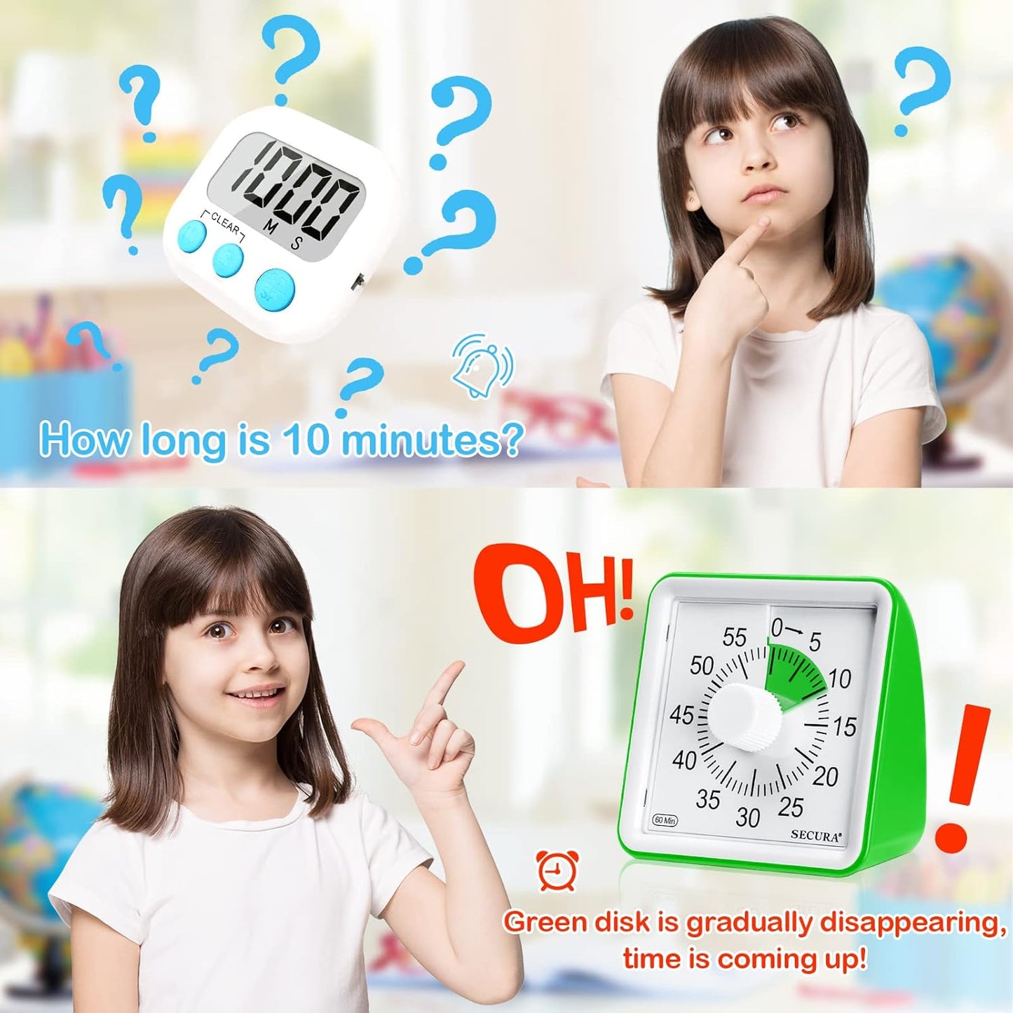 Secura 60-Minute Visual Timer, Classroom Timer, Countdown Timer for Kids and Adults, Time Management Tool for Teaching (Blue & Blue)