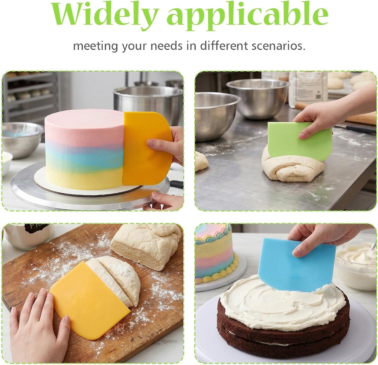 6 Pcs Bowl Scraper Plastic Bench Scraper Dough for Bread Dough, Bench Scrapers for Baking, Plastic Flexible Bowl Scrapers for Bread, Cake, Fondant Icing Food, White, Green, Orange, Blue