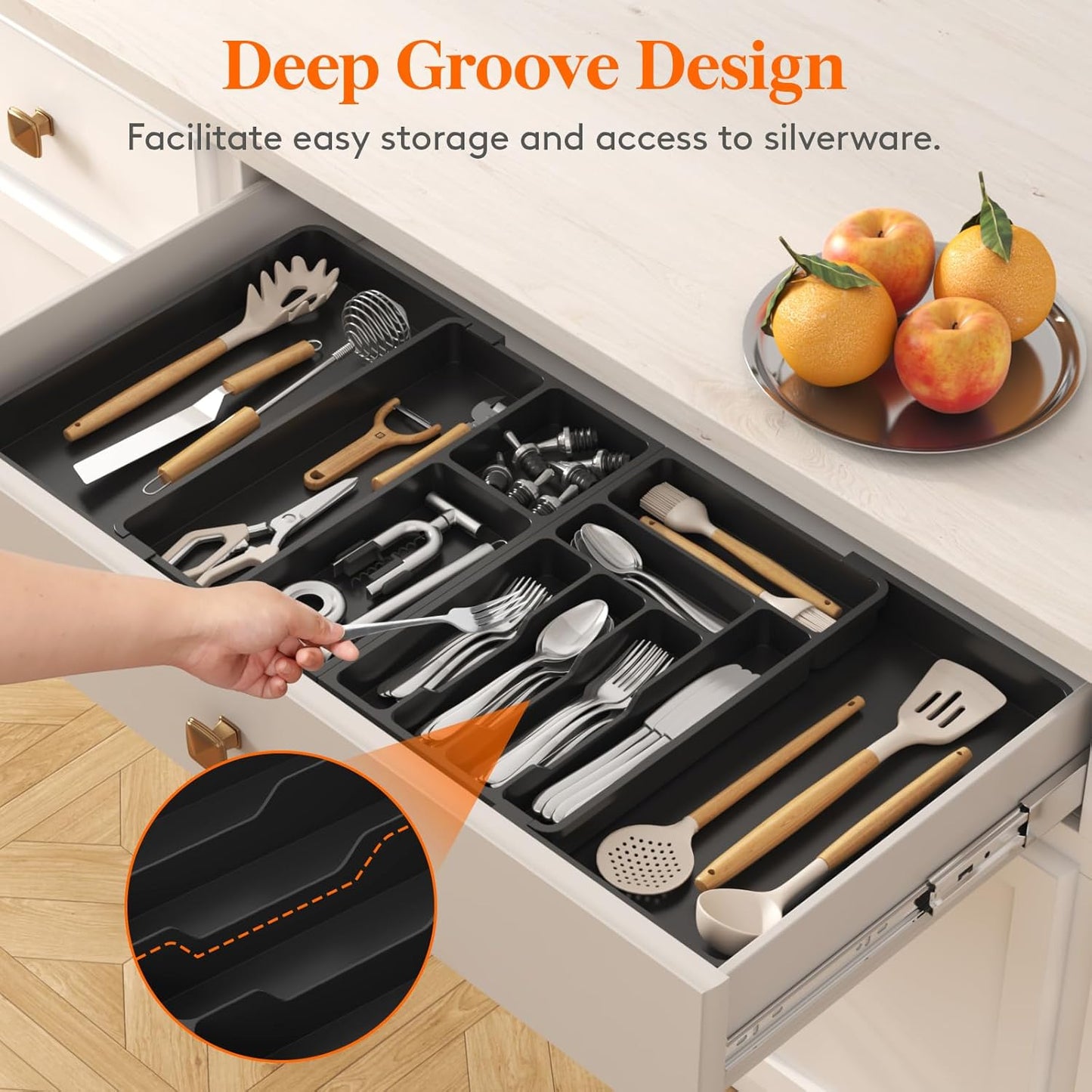 Lifewit Utensil Organizer for Kitchen Drawer, Expandable Cooking Silverware Tray, Adjustable Cutlery Flatware Holder, Plastic Spatula Tools Storage Divider, 14.4 x 15.8", Black