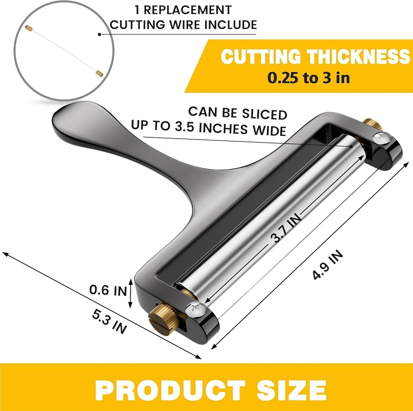 TOPULORS Wire Cheese Slicer Stainless Steel Handheld Cheese Cutter for Mozzarella, Cheddar, Gruyere - with 1 Extra Wire - Adjustable Thickness Cheese Shaver Cheese Slicers for Block Cheese (Silver)