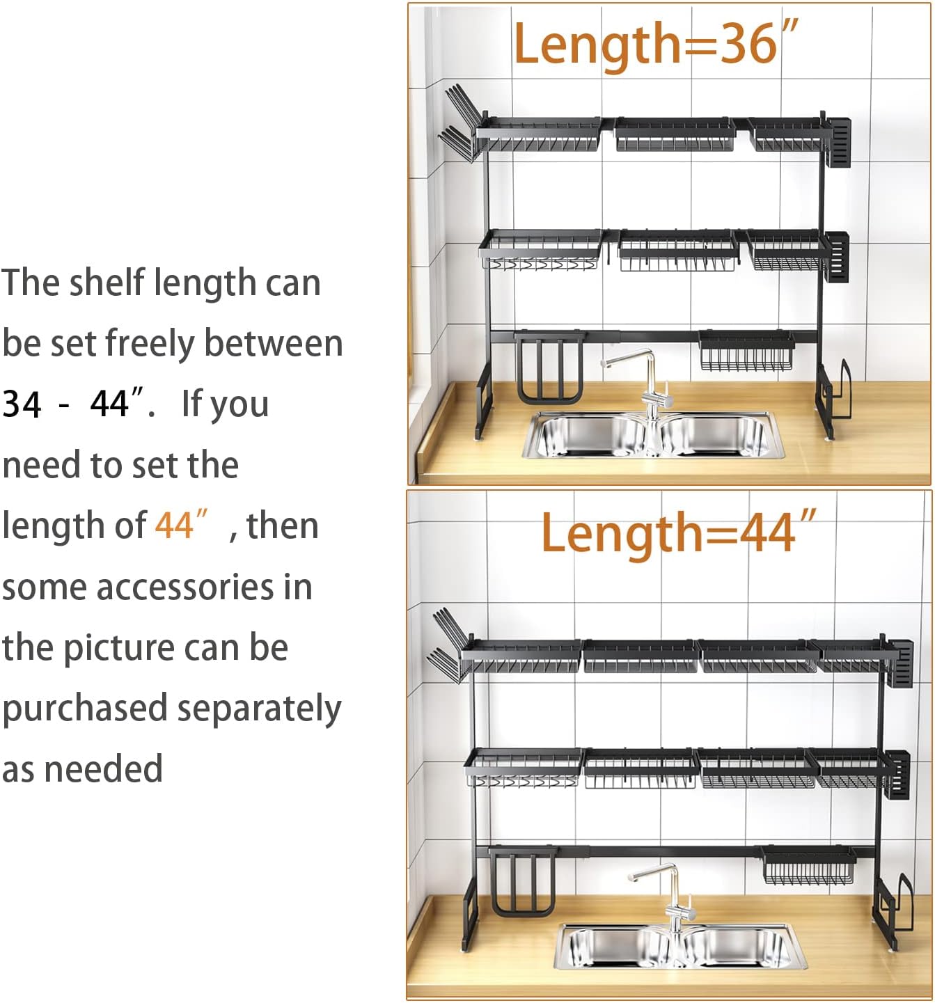 PUSDON Over the Sink Dish Drying Rack, 2 Tier Adjustable Large Capacity Stainless Steel Dish Rack for Kitchen Counter, Heavy Duty Space Saver Organizer with Utensil Holder, Black