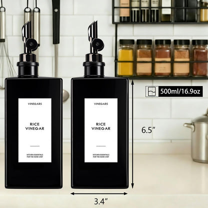2PCS 16.9oz Olive Oil Dispenser Bottle For Kitchen, Soy Sauce Dispenser, Dark Glass Bottles for Oil and Vinegar Dispenser Set W.2 Replacement Spouts & Labels, Coffee Syrup Dispenser (Black)