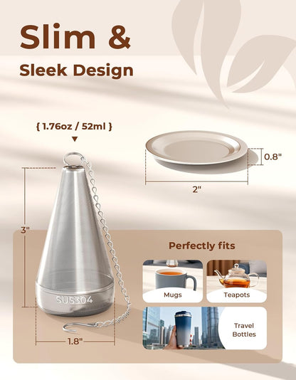 Cone Tea Infusers for Loose Leaf Tea, 304 Stainless Steel Tea Strainer Fine Mesh, 1.8” x 3” Loose Leaf Tea Steeper with a Drip Tray