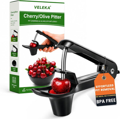 Cherry Pitter, Easy Pitting Cherry Stoner, Stainless Steel Cherries Corer Pitter Tool w/Silicone Cup, Safety Lock Design, Cherry Pit Remover Pitter for Quick, Mess-Free Pitting, Dishwasher Safe