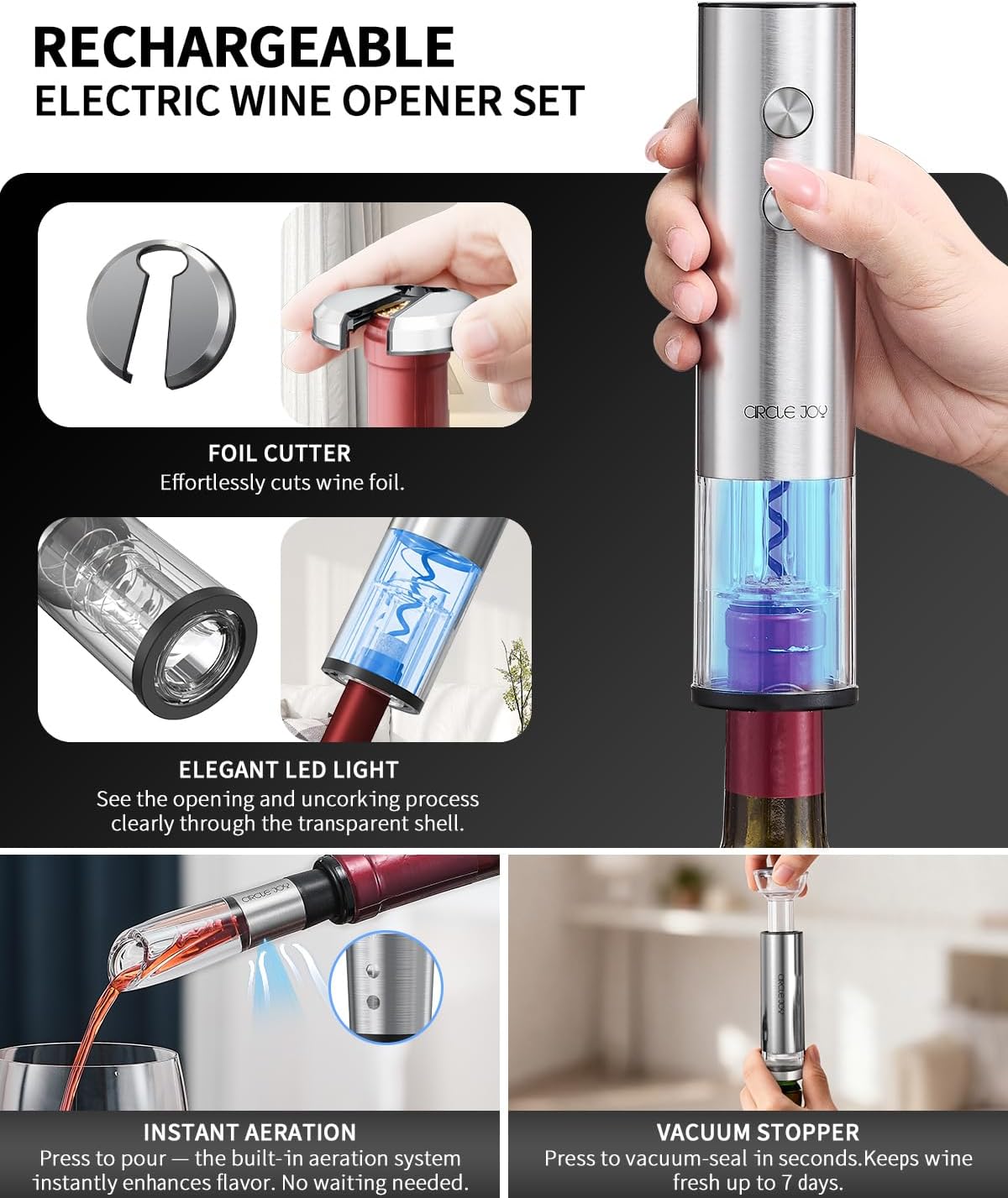 CIRCLE JOY Electric Wine Opener Stainless Steel Rechargeable Automatic Wine Bottle Opener Set 7-in-1 Wine Gifts for Wine Lovers with Charging Base, Foil Cutter, Wine Aerator Pourer & 2 Vacuum Stoppers