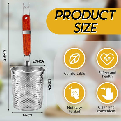 Tessco 4 Pcs Pasta Strainer, 4.7" x 5.2'' Stainless Steel Pasta Basket Mesh Cooker with Wood Handle, Spider Strainer Kitchen Skimmer for Food Dumpling Noodle Blanching(Dark Color)