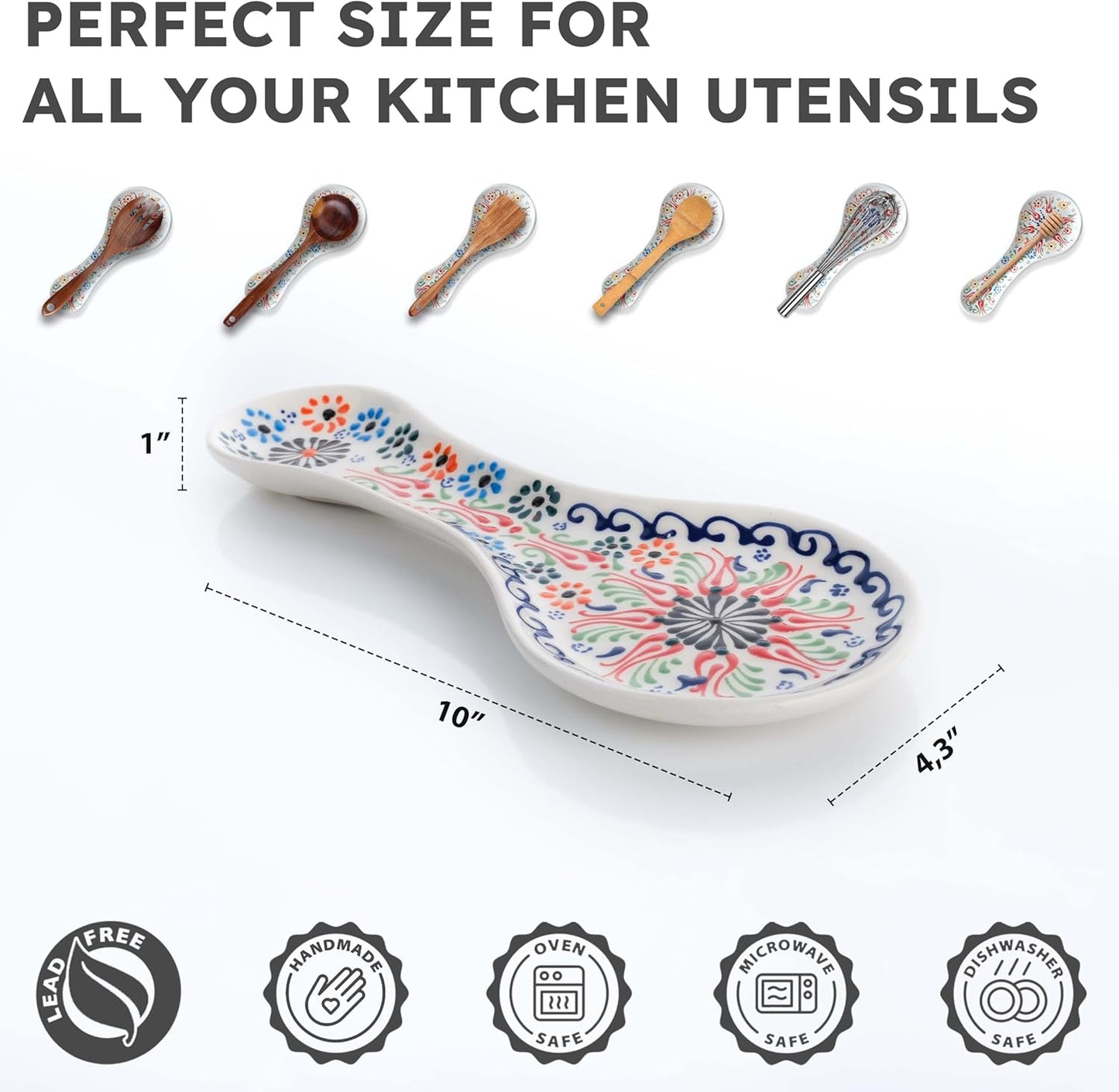 Handmade Spoon Rest, Ceramic Spoon Rest for Stove Top, 10" Spoon Rest for Kitchen Counter, Dishwasher Safe Spoon Holder for Stove, Housewarming Gifts Utensil Rest, Colorful Spoon Rests (Black)