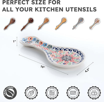 Handmade Spoon Rest, Ceramic Spoon Rest for Stove Top, 10" Spoon Rest for Kitchen Counter, Dishwasher Safe Spoon Holder for Stove, Housewarming Gifts Utensil Rest, Colorful Spoon Rests (Black)