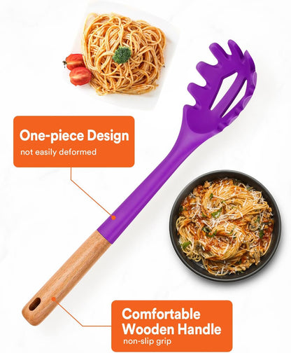 Silicone Pasta Fork, Kitchen Heat Resistant Noodle Spoon Server, BPA Free Spaghetti Strainer,12.8 inch (Khaki)