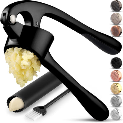 Zulay Kitchen Premium Garlic Press Set - Rust Proof Professional Garlic Mincer Tool - Easy-Squeeze, Easy-Clean with Soft, Ergonomic Handle - Silicone Garlic Peeler & Brush (Silver)