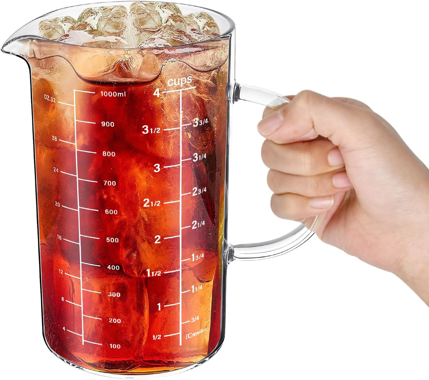 Glass Measuring Cup, 1000 ML (33.8 Oz, 4 Cup) High Borosilicate Glass Measuring Cup with Wood Lid Insulated Handle V-Shaped Spout for Kitchen Restaurant Easy To Read