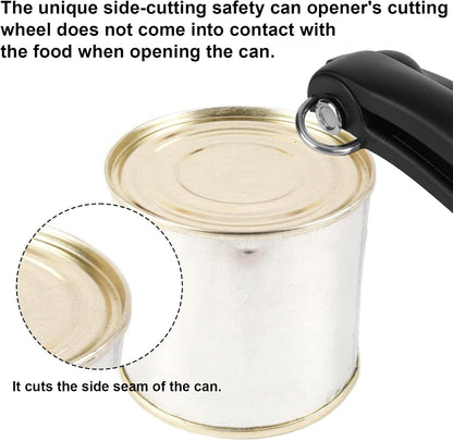Safety Side Cut Can Opener, Smooth Edge Manual No Sharp Edges Cutting Can Opener Manual with Ergonomic Handle Home Kitchen Utensils Gadgets Practical Accessories Items for Canned Food (Black)