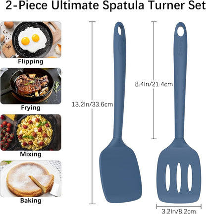 Coukre 2 Pack Silicone Spatula Set, High Heat Resistant, BPA Free Kitchen Spatula, Solid & Slotted Turner for Non-Stick Pans, Sautéing, and Flipping (2, PureBlack)