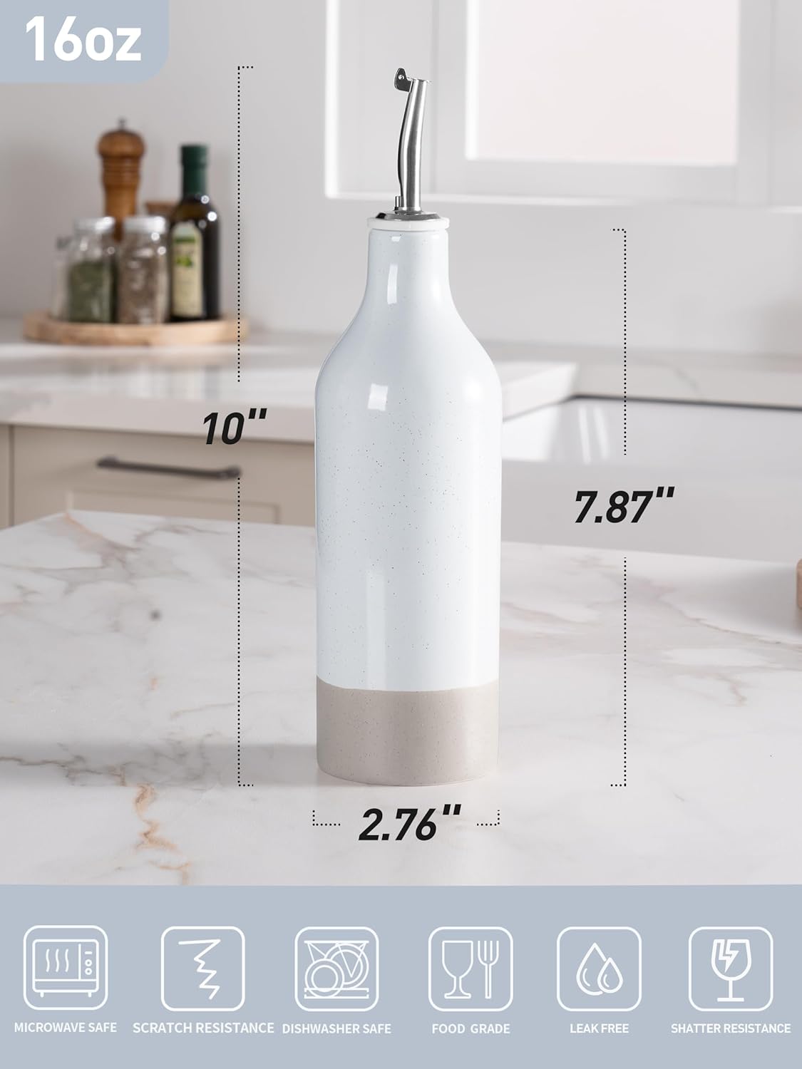 famiware Milkyway 16oz Ceramic Olive Oil Dispenser Bottle, 1 Piece Oil Dispenser for Kitchen with Stainless Steel Pourers, Suitable for Storage Vinegar, Soy Sauce, Coffee Syrup, Liquids, White