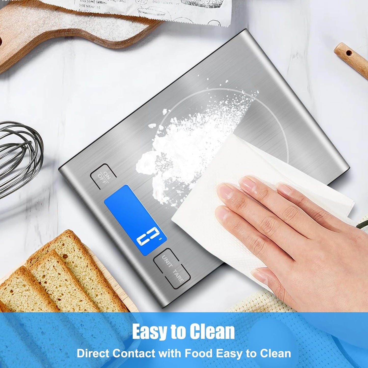 33lb Rechargeable Food Scale, Diyife 304 Stainless Steel Digital Kitchen Scale, 7.5 * 5.5 in Weight Grams and Ounces for Baking, Cooking, 5 Units with Tare Function, LCD Display, 2 AAA Batteries