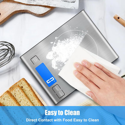 33lb Rechargeable Food Scale, Diyife 304 Stainless Steel Digital Kitchen Scale, 7.5 * 5.5 in Weight Grams and Ounces for Baking, Cooking, 5 Units with Tare Function, LCD Display, 2 AAA Batteries