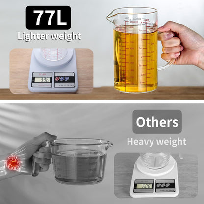 77L Glass Measuring Cup, [Insulated handle, V-Shaped Spout], High Borosilicate Glass Measuring Cup for Kitchen or Restaurant, Easy To Read, 500 ML (0.5 Liter, 2 Cup)