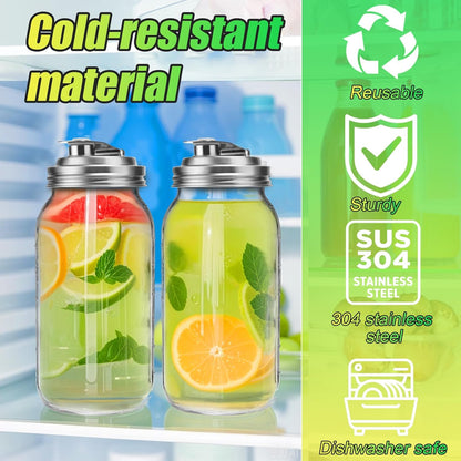 Mason Jar Pour Spout Lid Stainless Steel with Handle, Wide Mouth Pour Spout Flip Cap Lids for Mason Jars, Anticracking Leak Proof Seal Cover Airtight for Drinking Salad Dressing & Food Storing(2PCS)