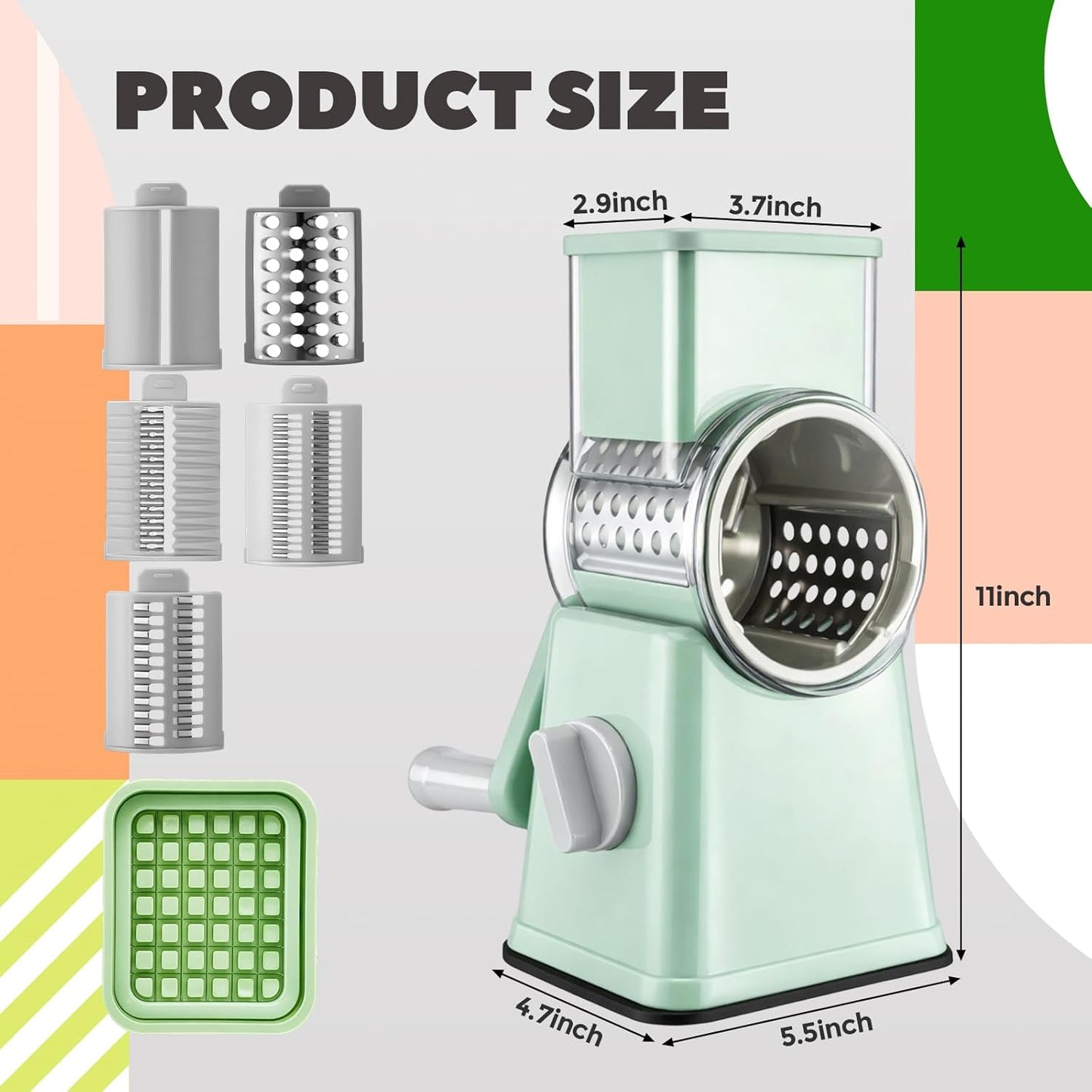 6-in-1 Multifunctional Rotary Cheese Grater with 11 Blades Dice Shred Slice Vegetable Chopper with Suction Base 360° Rotating Handle Safety Push Cup Multi Food Slicer Dicer for Kitchen(Green)